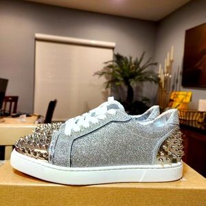 NEW Christian Louboutin Vieira 2 Flat Silver Sneaker Size 37 with Stud Detail